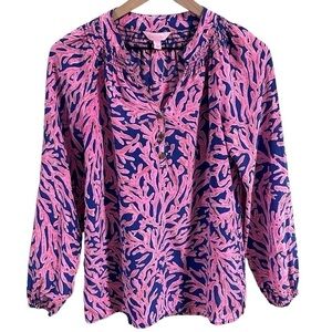 Lilly Pulitzer Elsa Blouse 100% Silk Womens Size Small Coral Pink & Blue
